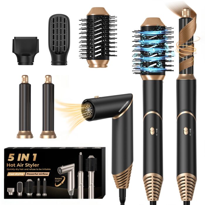UKLISS 5-в-1 Фен-стайлер для волосся з набором плойки, щітки та інших насадок. Чорний/Золотий. Ідеальний подарунок для жінок