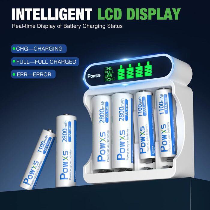 Зарядний пристрій POWXS для акумуляторів NI-MH NI-CD AA AAA з LCD-дисплеєм, універсальний, Micro USB & Type-C, безпечний