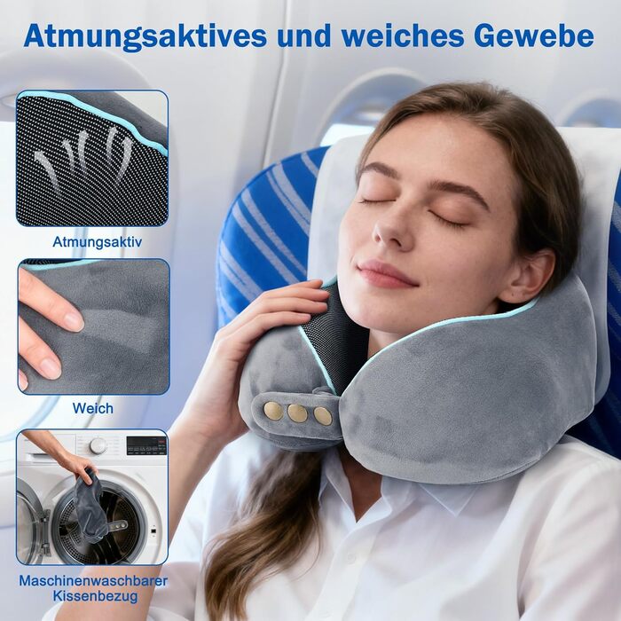 Подушка для шиї дитяча та доросла з Memory Foam 220г, ергономічна, регульована, сіра. Для подорожей літаком, авто та потягом.