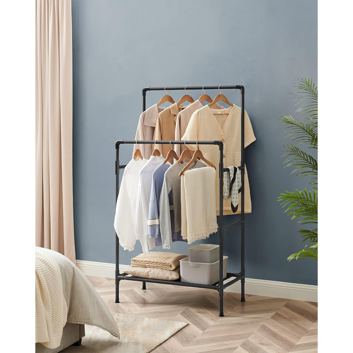 SONGMICS Дзеркало-вішалка для одягу металева, біла, з 2 перекладинами та полицею, до 55 кг, проста збірка RDR01WT (Чорний)