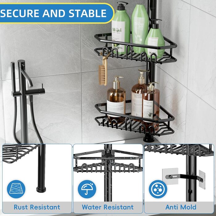 Bomclap Telescopic Shower Shelf, Metal Telescopic Rod Corner Shower Shelf with 4 Baskets, Telescopic Shelf Bathroom Shower Rack without Drilling for Bathtub and Bathroom, Height Adjustable 157-290cm, Black