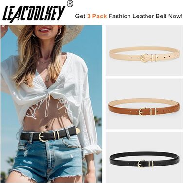 LEACOOLKEY: 3 жіночі шкіряні ремені-коси для джинсів та суконь. В'язані ремені з металевою блискавкою (100 см). Розмір: 66-76 см. Кольори: чорний, коричневий, бежевий.