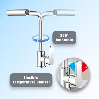 Кухонний змішувач водоспадом Ruimooto з 4 режимами, нержавіюча сталь, 360° обертання, високий тиск