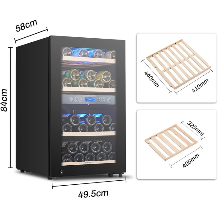 Kalamera 45 Bottle Dual Zone Wine Refrigerator - 120 Liter Capacity with LCD Display