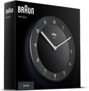 Braun Classic analog wall clock with quiet quartz movement, easy-to-read dial with a 20 cm diameter in black, model BC06B.