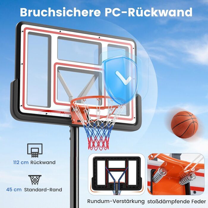 COSTWAY Adjustable Height Basketball Hoop System - Outdoor Mobile Basketball Stand with Wheels & Weight Bag (225-305cm)
