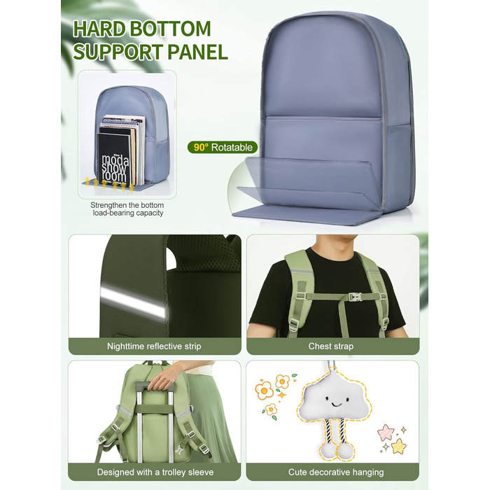 Шкільний рюкзак FIORETTO для дівчаток-підлітків, жіночий, з відділенням для ноутбука 15.6', водонепроникний, легкий, 25L, для школи та подорожей (зелений)