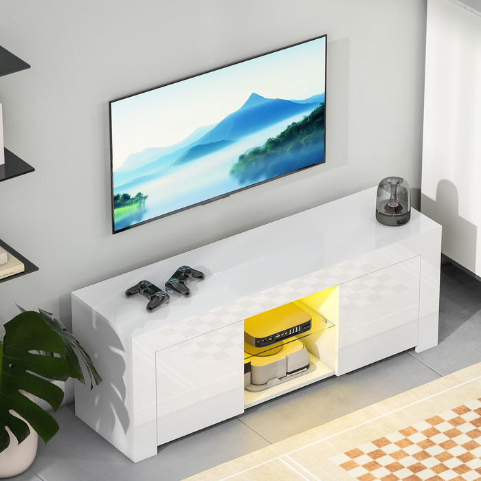 Телевізійна тумба HOMCOM з LED-підсвіткою, 2 дверцятами, скляною полицею, отворами для кабелів, для вітальні, виготовлена з ДСП, білого кольору.