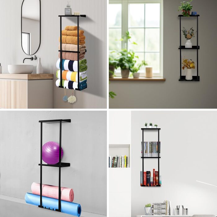 Bathroom Towel Rack Wall Mounted Towel Holder No Drilling 3-Tier Bathroom Towel Rack with Metal and 3 Hooks Bathroom Towel Storage Shelf 80 x 26 x 14 cm (black)