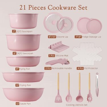 Набір посуду Astercook 21 предмет: каструлі та сковорідки з антипригарним покриттям, керамічний набір посуду, знімні ручки, для дому та кемпінгу, сумісний з індукцією, можна мити в духовці, стійкий, компактний