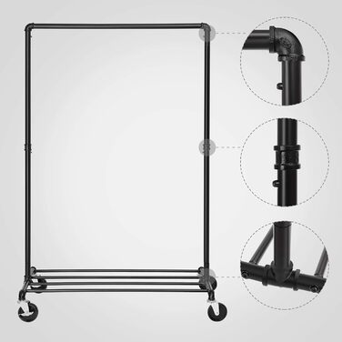 SONGMICS Clothes Rack, Garment Rod, with Wheels, Load Capacity up to 90 kg, Coat Rack with 1 Garment Rod and Shelf, Industrial Design, for Bedroom, Laundry Room, Black HSR61BK