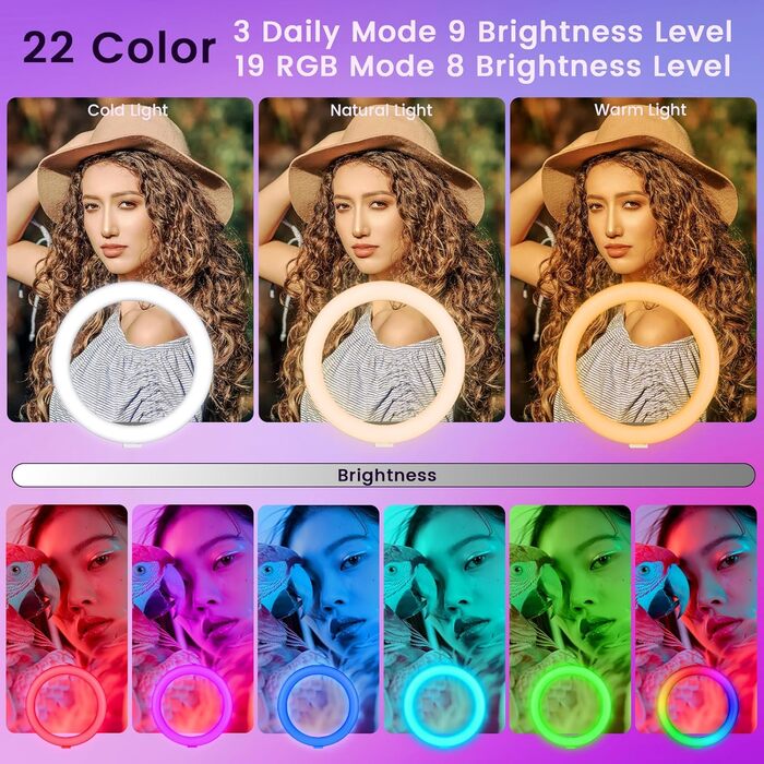 LED кільцева лампа 25 см з триподом 155 см та тримачем для телефону, RGB, регульована яскравість, для YouTube, відеозйомки, селфі, стрімінгу, макіяжу та фотографії