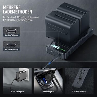 Зарядний пристрій NEEWER Dual USB з 2 шт. акумуляторами 6600mAh NP-F970 та швидкою зарядкою, сумісний з Sony NP-F970/F960/F950/F770/F750/F570/F550, Handycam, NEEWER LED-ліхтарі, моторизовані слайдери