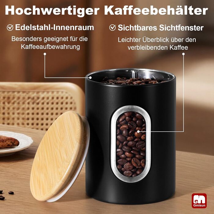 Герметична кавова банка Gmisun, 500г / 1,5л: для кавових зерен, меленої кави, капсул та паді, чорного кольору