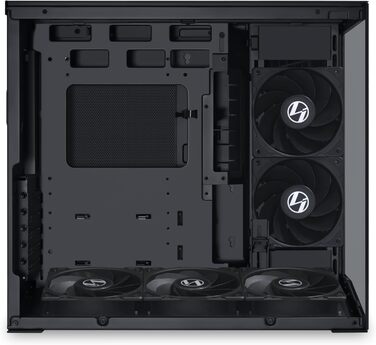 Корпус Lian Li O11 Dynamic Mini V2 Flow: компактний ATX Midi-Tower з двокамерним дизайном, скляною панеллю та модульною конструкцією. 5 вентиляторів встановлено. Чорний колір.