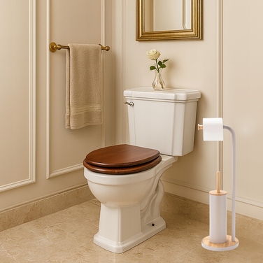 Стильний тримач для туалетного паперу з ергорегічним йоржиком для унітаза, бежевий бамбук та сталь