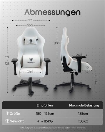 Ігровий крісло Dowinx з 4D підлокітниками, функцією гойдання 15° та регулюванням спинки до 165°, масажний, ергономічний, дизайн у стилі гоночного авто, для геймерів, Esport, вантажопідйомність 135 кг, білий