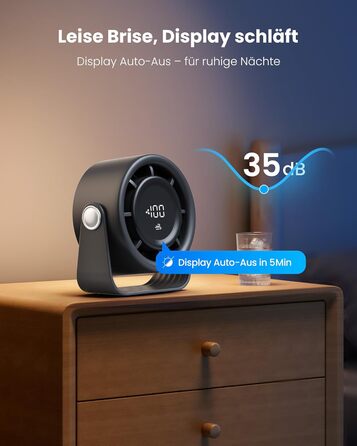 Портативний акумуляторний вентилятор Gaiatop з USB, 5 швидкостей, тиха робота, сенсорне управління, 360° обертання, для дому та офісу, чорний