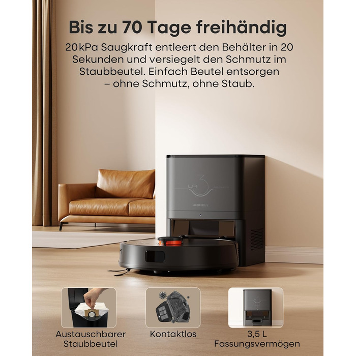 Робот-пилосос з функцією миття 5000Pa, з док-станцією 3.5L, час роботи 180 хв, LiDAR навігація, для шерсті тварин, килими, тверді підлоги, керування через додаток