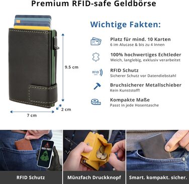 Шкіряний картхолдер SecWal з монетницею та RFID-захистом, міні-гаманець з кнопкою (Зелено-чорний), Made in Germany