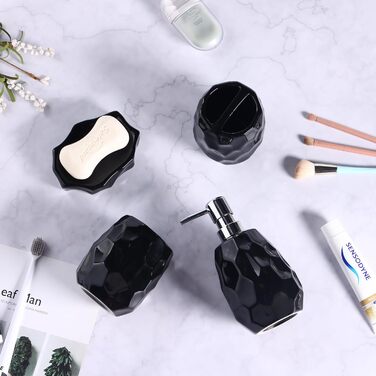 Набір аксесуарів для ванної кімнати, 4 шт: диспенсер для мила, мильниця, тримач для зубних щіток, стаканчик для зубних щіток, органайзер для ванної кімнати (Чорний)