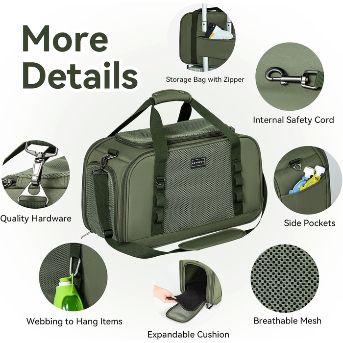 Транспортна переноска для кота та собаки Petsfit - міцна, дихаюча, з ковдрою та ручкою-телескопом, оливковий (49x23x28 см)