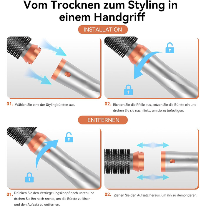 Фен-щітка Air Styler 5-в-1: стайлер, локони, об'єм, сушка, випрямлення. Потужність 800W, для жінок, помаранчевий колір