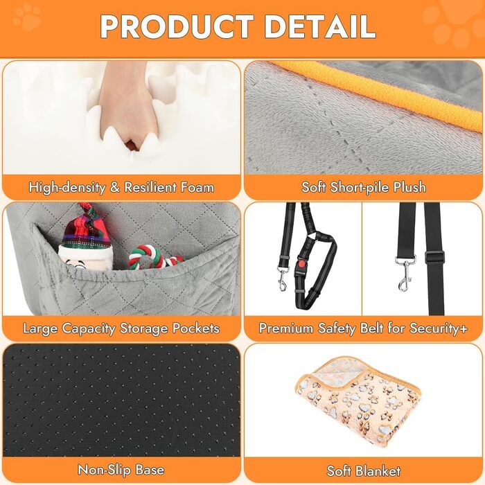 Memory Foam Dog Car Seat for Small Dogs (Under 11kg) - Elevated Design with Storage Pockets (Gray)
