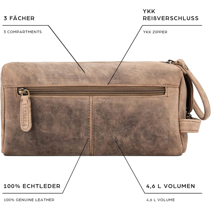 LEABAGS Преміум дорожній косметичний набір з натуральної шкіри для жінок та чоловіків | Культиватор | Vanity Case | Мийний мішечок (Palm Bay, Вінтажний сіро-коричневий)