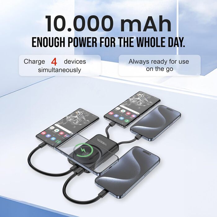 Універсальний Power Bank All-IN-ONE 10000 mAh чорний: швидка зарядка 22.5W, PD 20W, бездротова зарядка 15W, зарядний пристрій для Apple Watch, вбудовані кабелі USB-C та Lightning, LED-дисплей, алюмінієва підставка