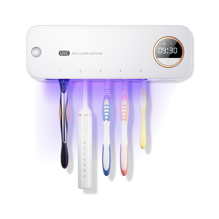 Стерилізатор зубних щіток UV-C та UV-A, настінний тримач з функцією повітряної сушки, для дому та подорожей (білий)