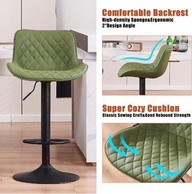 YOUNIKE Adjustable Bar Stools 2-Pack - Modern Kitchen Barstools with PU Leather Upholstery, Swivel Metal Bar Chairs for Counter/Island (Green)