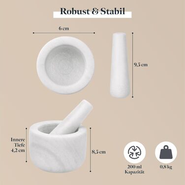 Marble Mortar and Pestle Set - 18 x 18 x H10cm - 800ml Small Mortar and Pestle - Mortar and Pestle for Spices, Salsa, Pesto - White (8.5 cm, white marble)