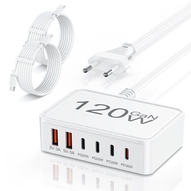 Зарядний пристрій USB-C 120W, 6 портів (4x USB-C, 2x USB-A) PD 3.0, швидка зарядка для iPhone 16/15/14 Pro/Pro Max, iPad – портативний адаптер живлення