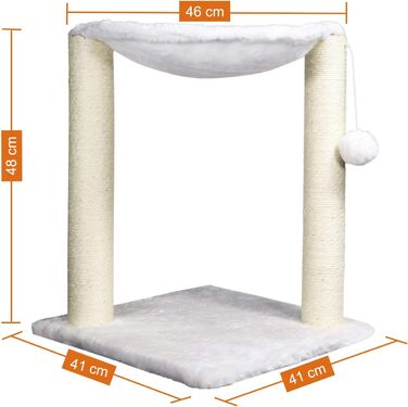 Дерев'яний когтеточка для котів Kratzbaum з будиночком, гамаком, ліжком та когтеточками, 41 x 48 x 41 см, білий, обмотаний сизалем, з іграшкою на шнурку