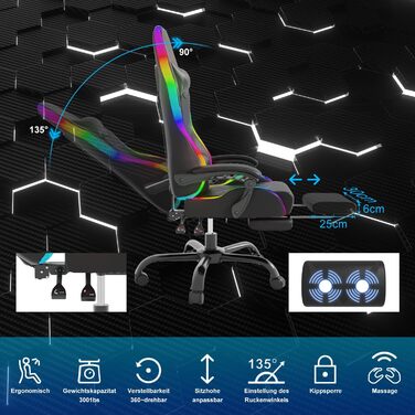 Ігрове крісло Devoko з LED-підсвіткою та масажем, ергономічне комп'ютерне крісло з підставкою для ніг, масажною поперековою подушкою, регульованим підголівником, офісне крісло для геймерів, до 130 кг, чорне