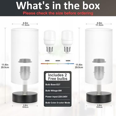 Kakanuo Настільна лампа з 3 колірними температурами, біла лампа з вимикачем, бавовняний абажур, маленька настільна лампа для вітальні, спальні, офісу, дитячої кімнати (LED лампа в комплекті), A-білий+чорний (A-білий+чорний-2 шт.)