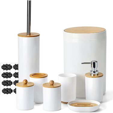 Bamboo Bathroom Accessories, 8-Piece Bathroom Accessory Set with Trash Can, Toothbrush Holder, Soap Dispenser, Soap Dish, Plastic Q-Tip Holder