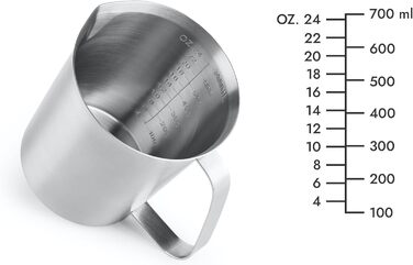 CURTA stainless steel measuring cup, 700 ml measuring cup, milk frothing cup, with markings for ml, oz, and cup.