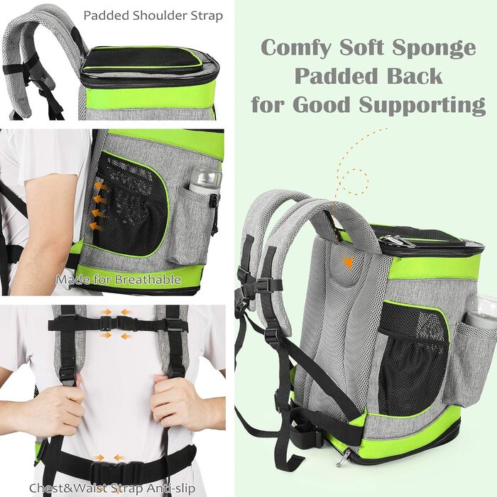 Рюкзак для тварин Kritter Planet з сітчастими вікнами, дихаючий та складаний, для собак та котів, знімний килимок, для походів, їзди на велосипеді, активного відпочинку, 7 кг, зелений