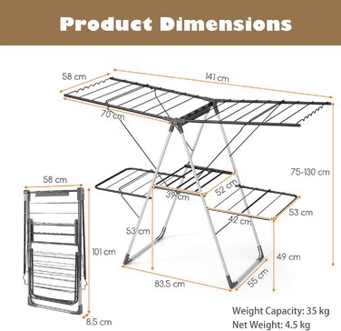 Стійка для сушіння білизни HOMASIS, розкладна, з 2 крилами, регульована, 6 рівнів, з вішалкою для білизни, прищіпками та полицею для взуття, для балкону (Білий/Чорний)