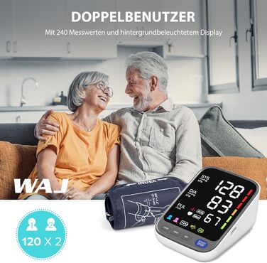 Тонометр WAJ для вимірювання артеріального тиску на плечі з великою манжетою (22-42 см) | LED-дисплей 6,4 дюйма | Виявлення аритмії | 2×120 місць пам'яті | Вимірювання пульсу | Білий