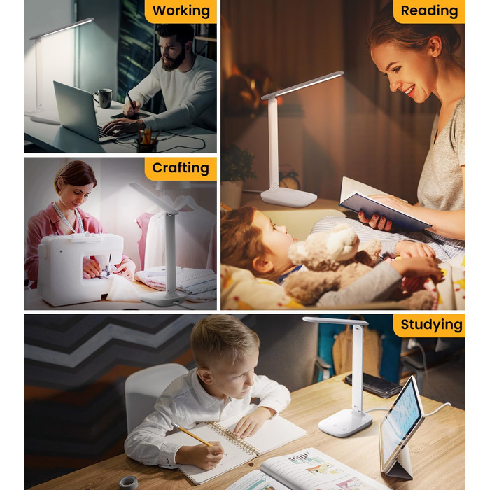 LED лампа настільна диммерна з 5 кольорами, регулювання яскравості 15%-100%, захист очей, USB-зарядка, таймер, сенсорне керування, для дітей, спальні, читання, офісу