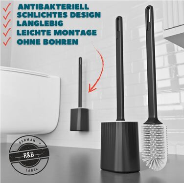 Силіконова щітка для унітазу R&B German Label – плоска, з кріпленням на стіну без свердління, з довгим руків'ям та швидковисихаючим контейнером – для миття унітазу та бордюру – білий/чорний (чорний/сірий)