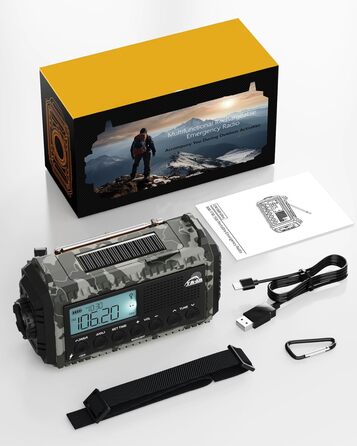 Радіо Kurbelradio на сонячній батареї та з ручкою, 12000mAh, AM/FM/SW, USB-зарядка, SOS-сигнал, для кемпінгу та надзвичайних ситуацій, зелений (сірий камуфляж)