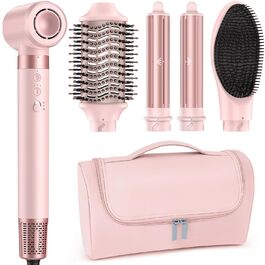 MESCOMB Airstyler 5-в-1: Іонний фен та мультистайлер для волосся з насадками. Швидке сушіння, локони, об'єм, випрямлення. Без пошкодження волосся. З дорожньою сумкою. Рожевий колір