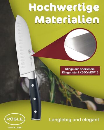 Кухонний ніж RÖSLE Santoku 17,5 см з куленшліфом, ергономічна ручка, для м'яса, риби та овочів, японська форма леза, преміум якість
