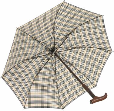iX-brella Standing Umbrella, Height Adjustable with Wooden Handle - Beige Checkered