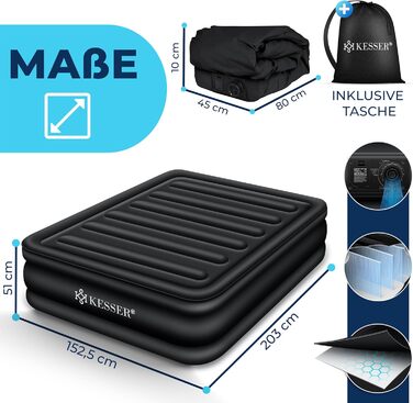 Надувний матрац KESSER® з електричним насосом, самонадувний, для гостей, кемпінгу та дому. Розмір: 203 x 95 x 51 см, чорний, на 1 особу.
