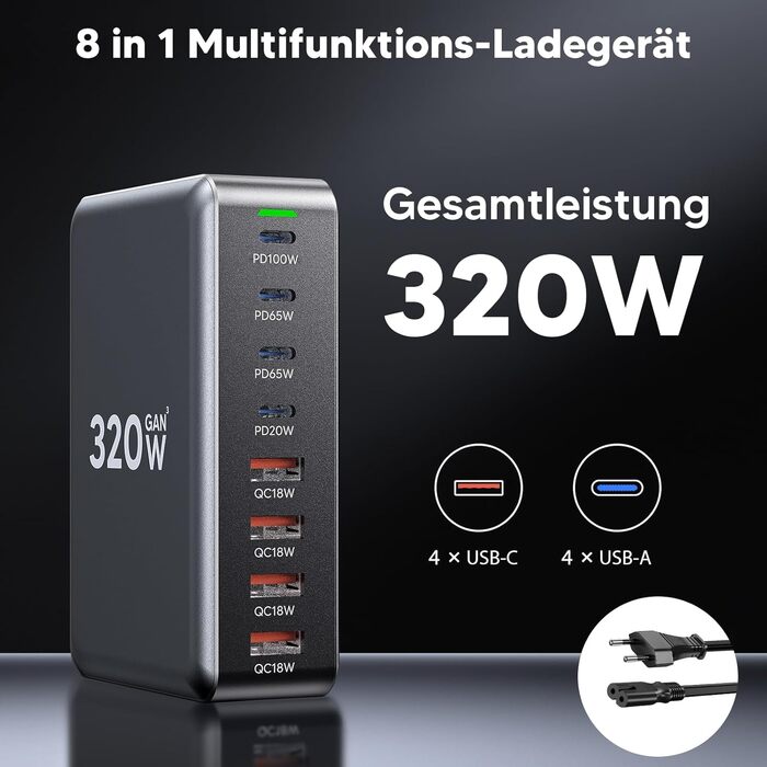 Зарядний пристрій USB-C GaN III 320W, 8 портів: для iPhone, Samsung, MacBook, Dell, Steam Deck та ін.